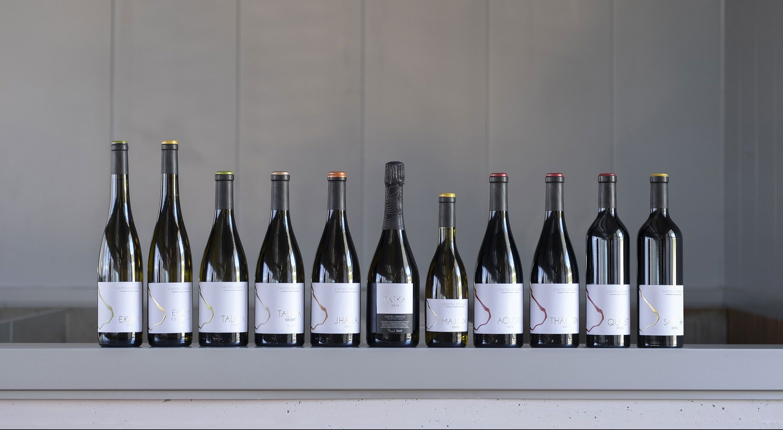 Ampolles de tots els vins de Castell d'Encus: Ekam, Ekam Essència, Taleia, Taleia Brisat, Jhana, Taika, Majjan, Acusp,Thalarn, Quest, Saktih
