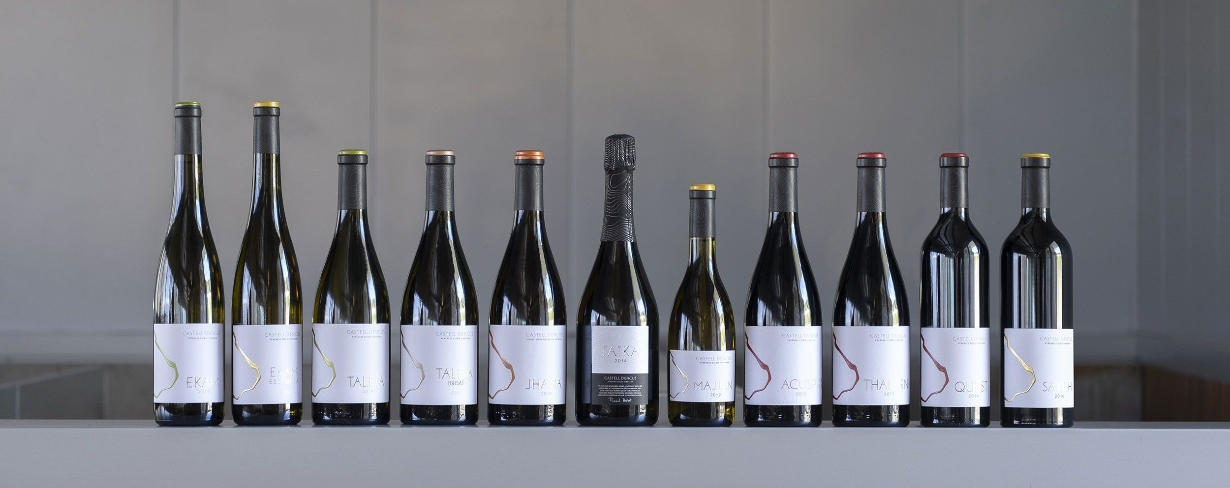 Botellas de todos los vinos de Castell d'Encus: Ekam, Ekam Essència, Taleia, Taleia Brisat, Jhana, Taika, Majjan, Acusp,Thalarn, Quest, Saktih