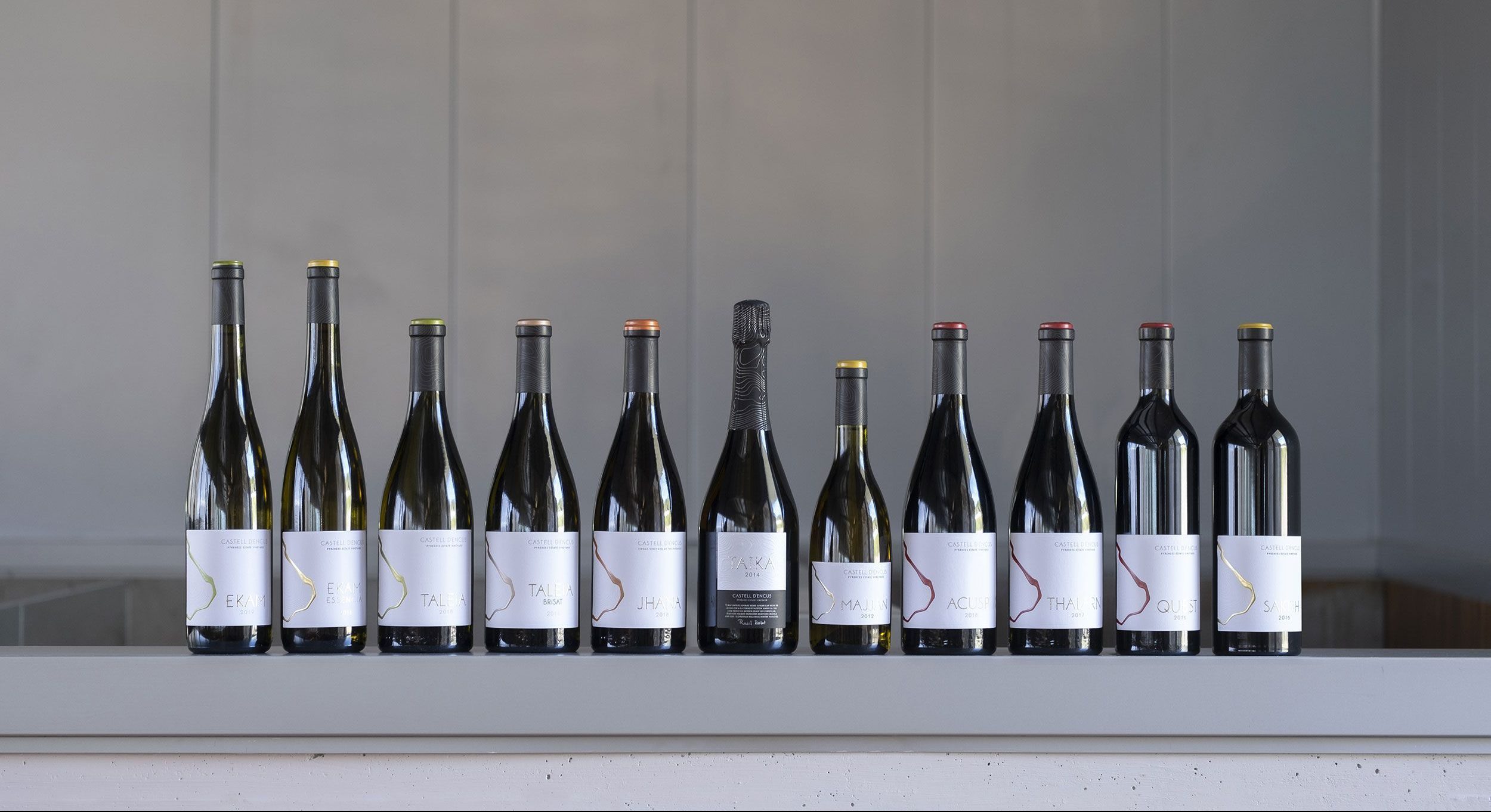 Botellas de todos los vinos de Castell d'Encus: Ekam, Ekam Essència, Taleia, Taleia Brisat, Jhana, Taika, Majjan, Acusp,Thalarn, Quest, Saktih